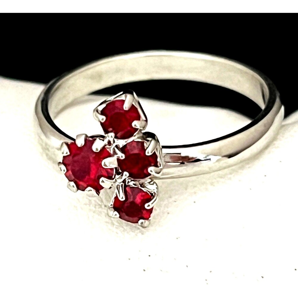 Vintage 1960s Ring Silver Tone Red Rhinestones Mid Century Modern - 4J